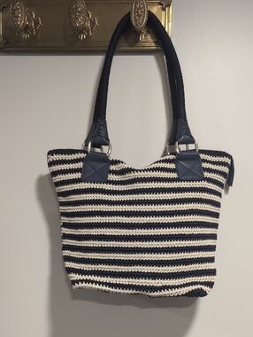 The Sak Cambria Crochet Knit Blue/ Cream Striped Hobo Bag.